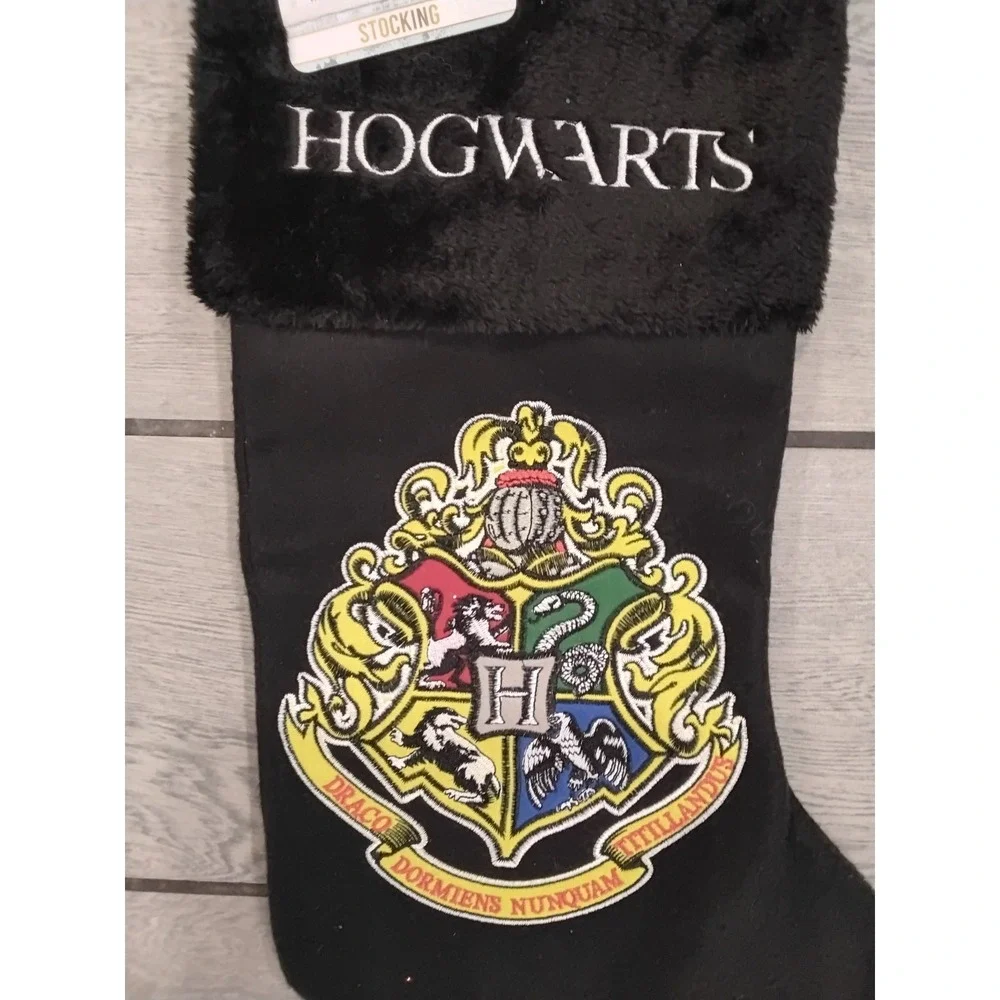 Harry Potter Hogwarts Christmas Stocking Black Faux Fur Crest NWT